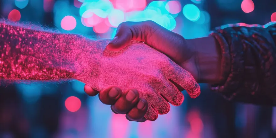 A handshake lit in pink and blue light