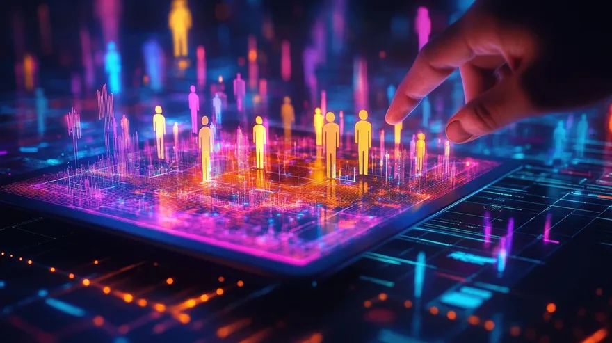 A hand interacting with holographic figures rising from a tablet
